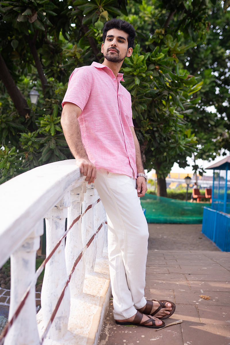 Pink Hand Dyed South Cotton Men Shirt Half Sleeves MSHHS032411