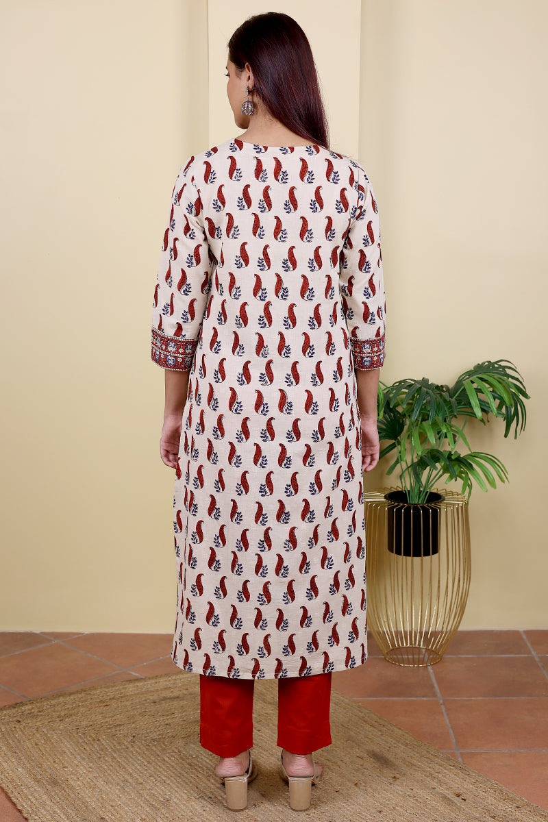 Beige Bagru Cotton Dobby Women Long Kurta Long Sleeves WLKLS042341