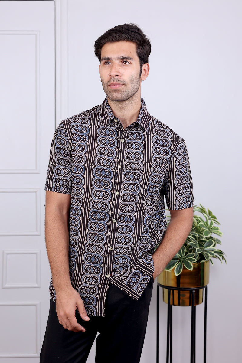 Black Ajrakh Cotton Flax Shirt Half Sleeves MSHHS04246