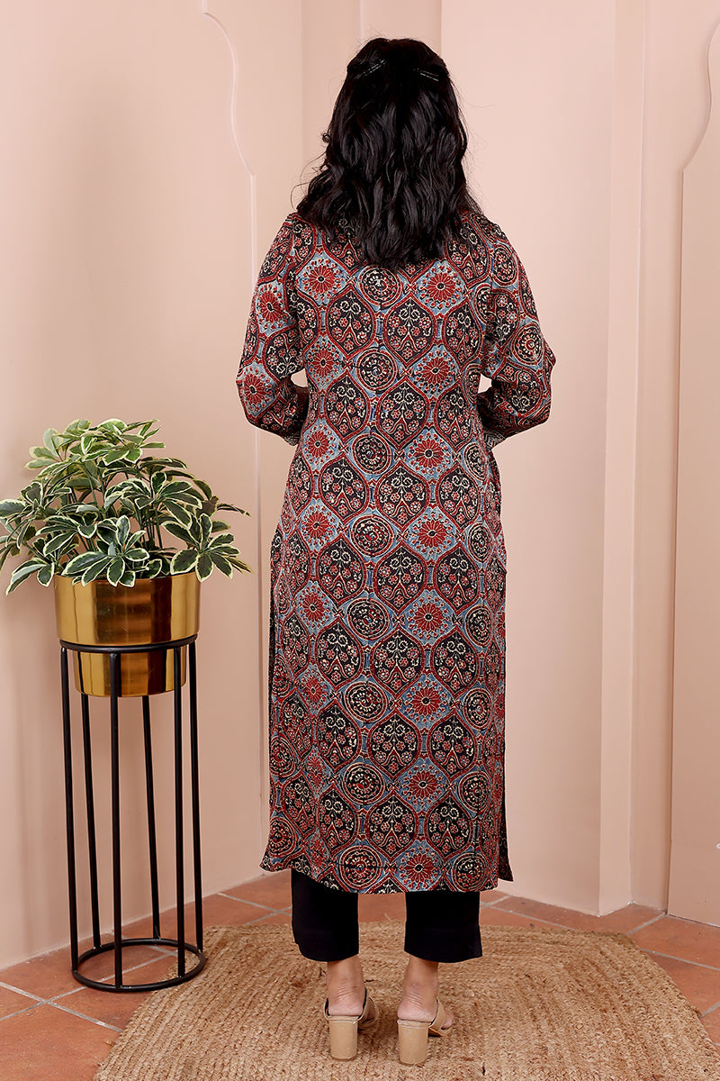 Black Ajrakh Modal Satin Women Long Kurta Long Sleeves WLKLS092369