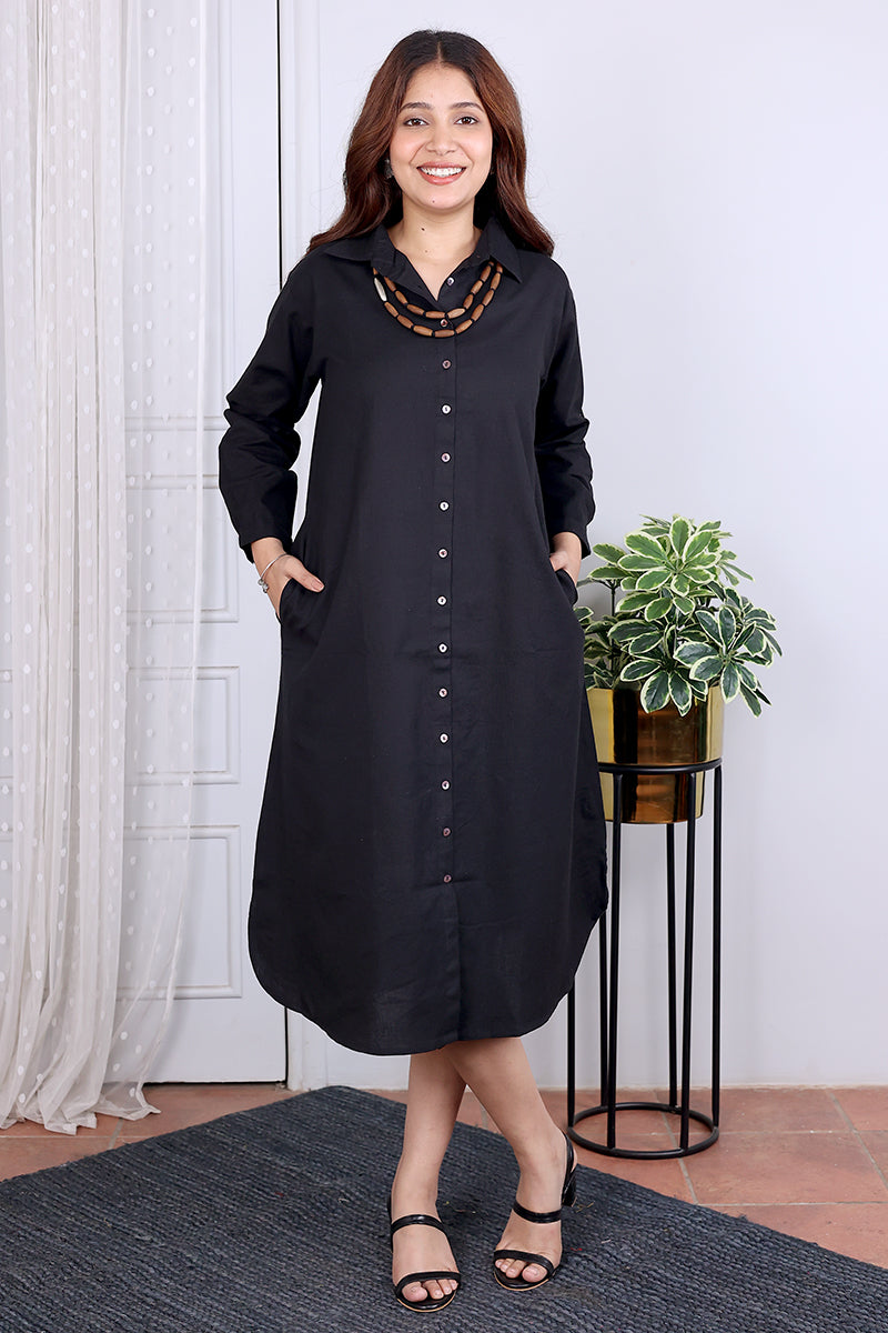 Black Hand Dyed Cotton Flax Women Midi Dress Long Sleeves WDRLS032412