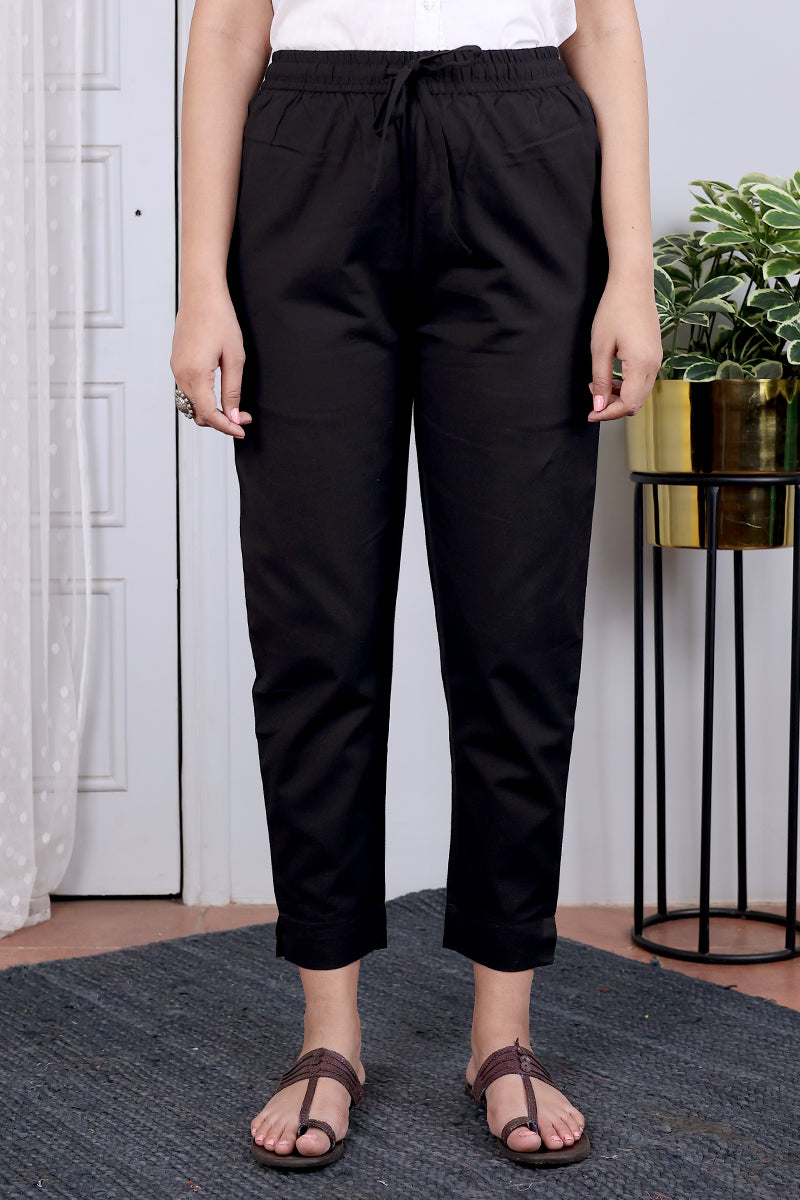 Black Hand Dyed Cotton Flax Women Ankle Pant WAKPT02241