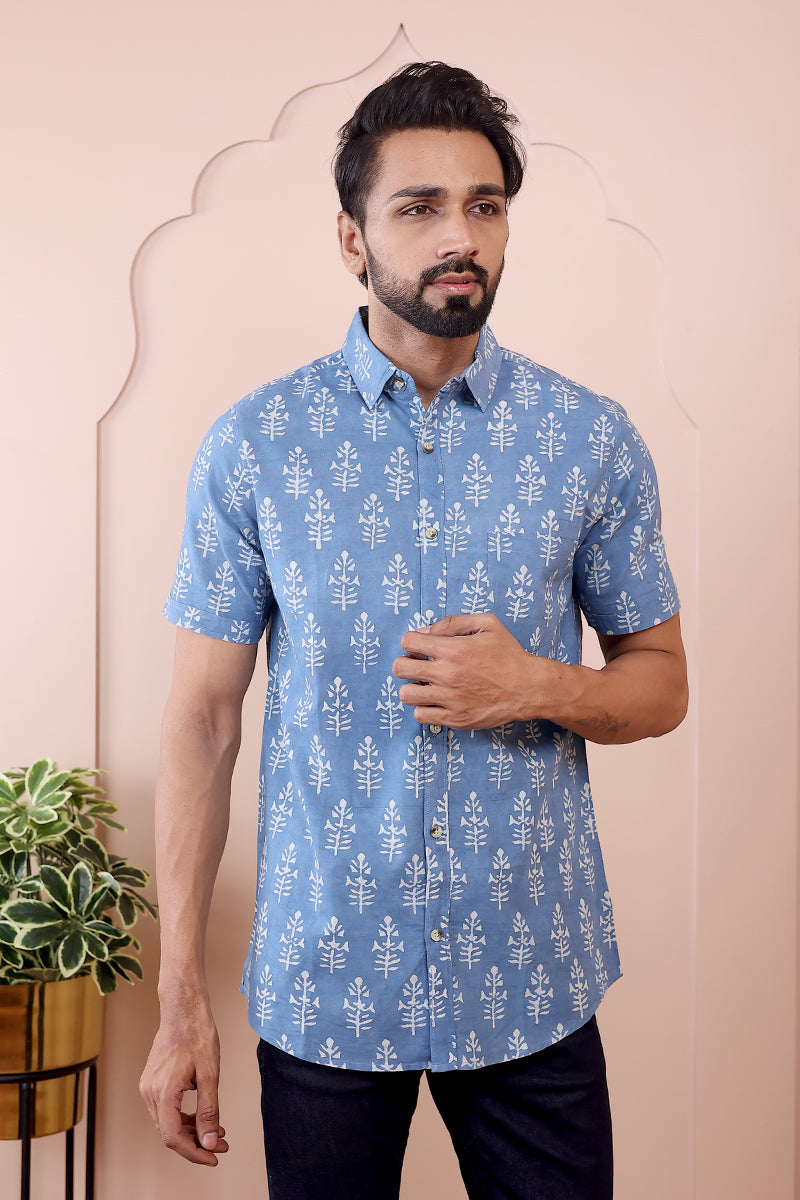 Blue Dhabu Cotton Men Shirt Half Sleeves MSHHS082325