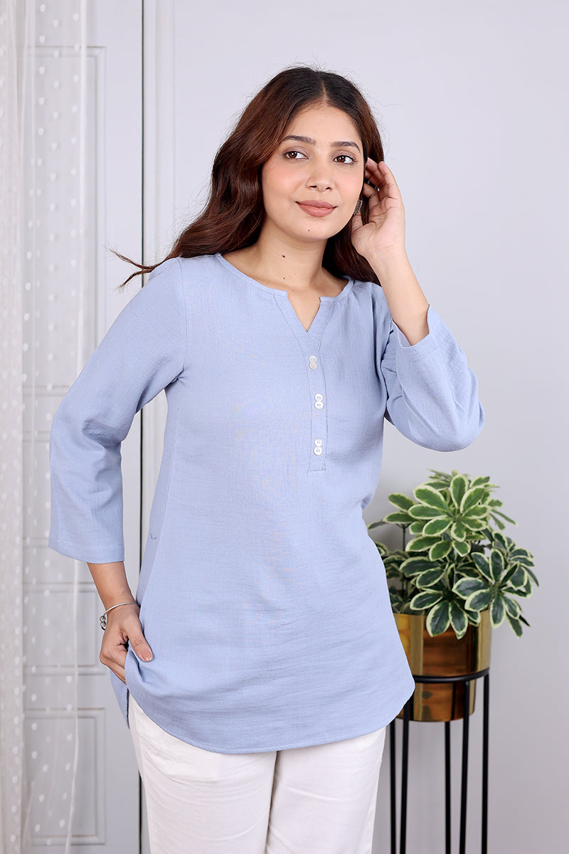 Blue Hand Dyed Cotton Double Cloth Women Kurti Long Sleeves WKILS042446