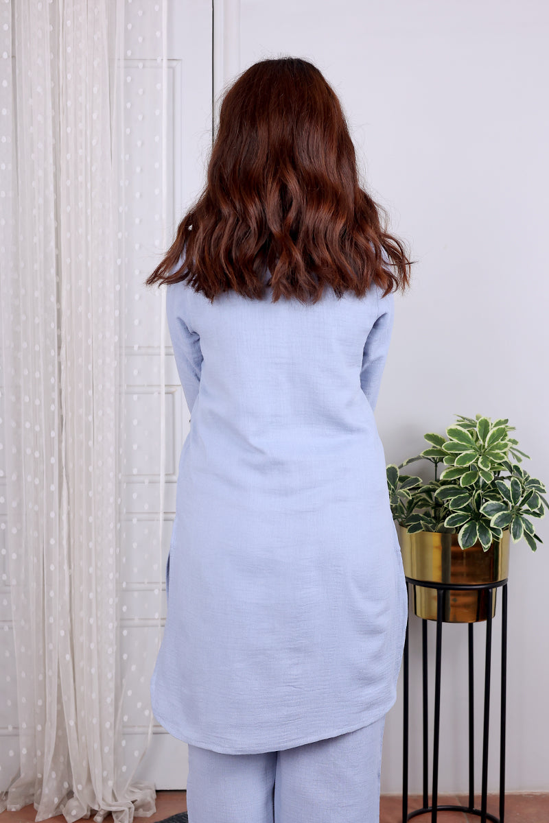 Blue Hand Dyed Cotton Double Cloth Women Tunic Long Sleeves WTNLS04243