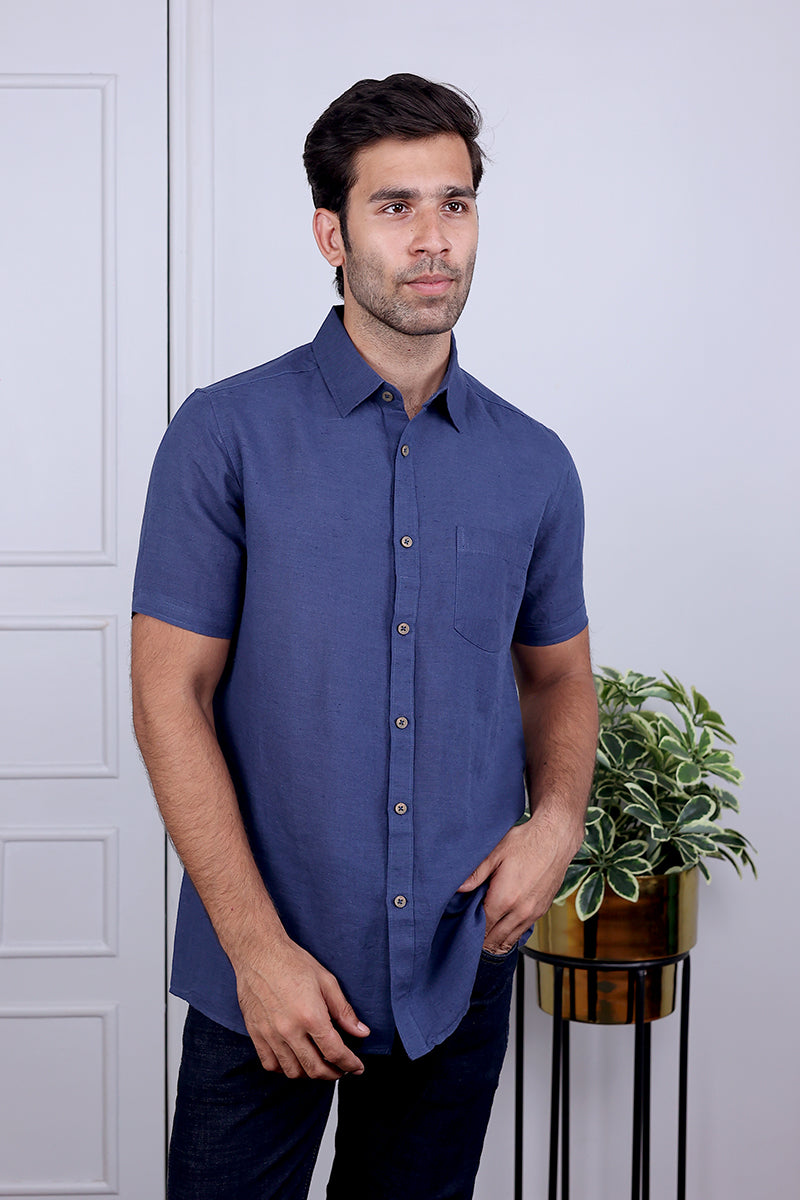 Blue Hand Dyed Cotton Linen Shirt Half Sleeves MSHHS12231