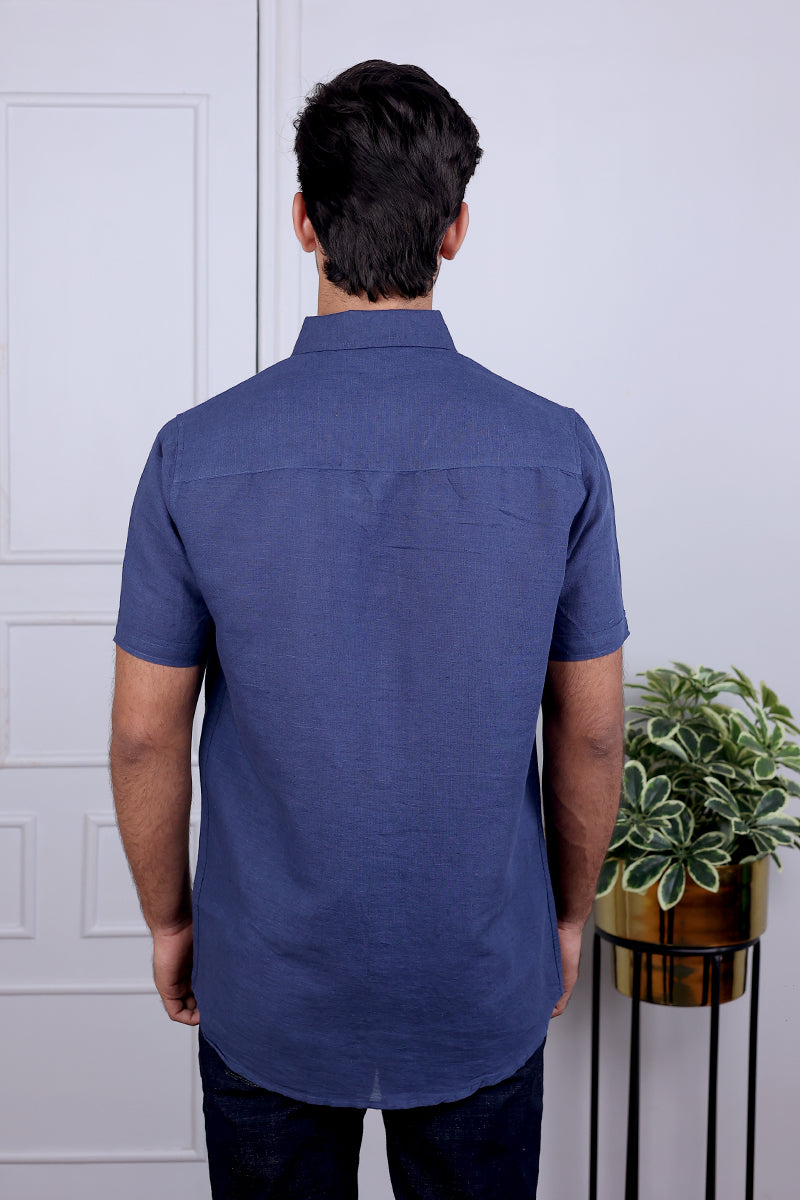 Blue Hand Dyed Cotton Linen Shirt Half Sleeves MSHHS12231