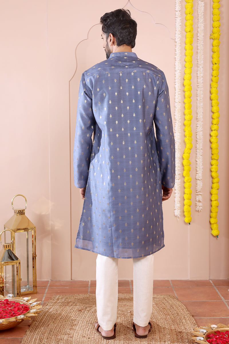 Blue Jaquard Banarasi Silk Men Long Kurta Full Sleeves MLKFS102324