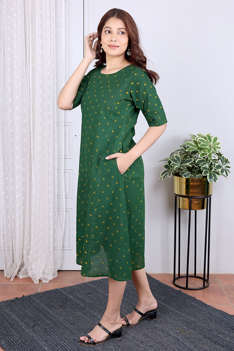 Green Bandhani Cotton Women Midi Dress Long Sleeves WDRLS11234