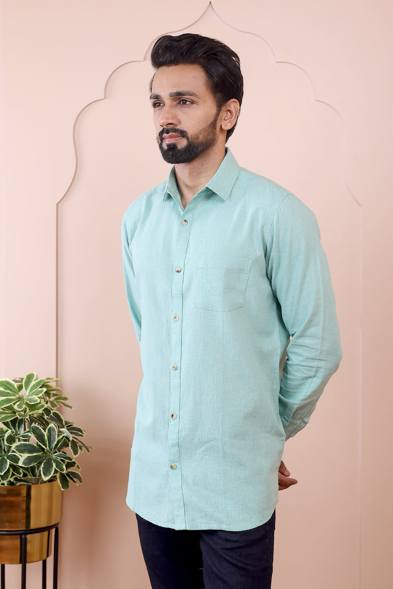 Green Hand Dyed Cotton Linen Men Shirt Full Sleeves MSHFS082316