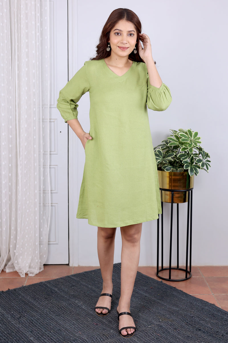 Green Hand Dyed Lyocell Linen Women Short Dress Long Sleeves WSDLS12231