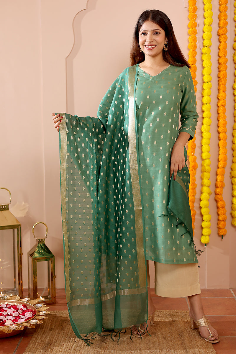 Green Jaquard Banarasi Silk Dupatta DUPAT10235