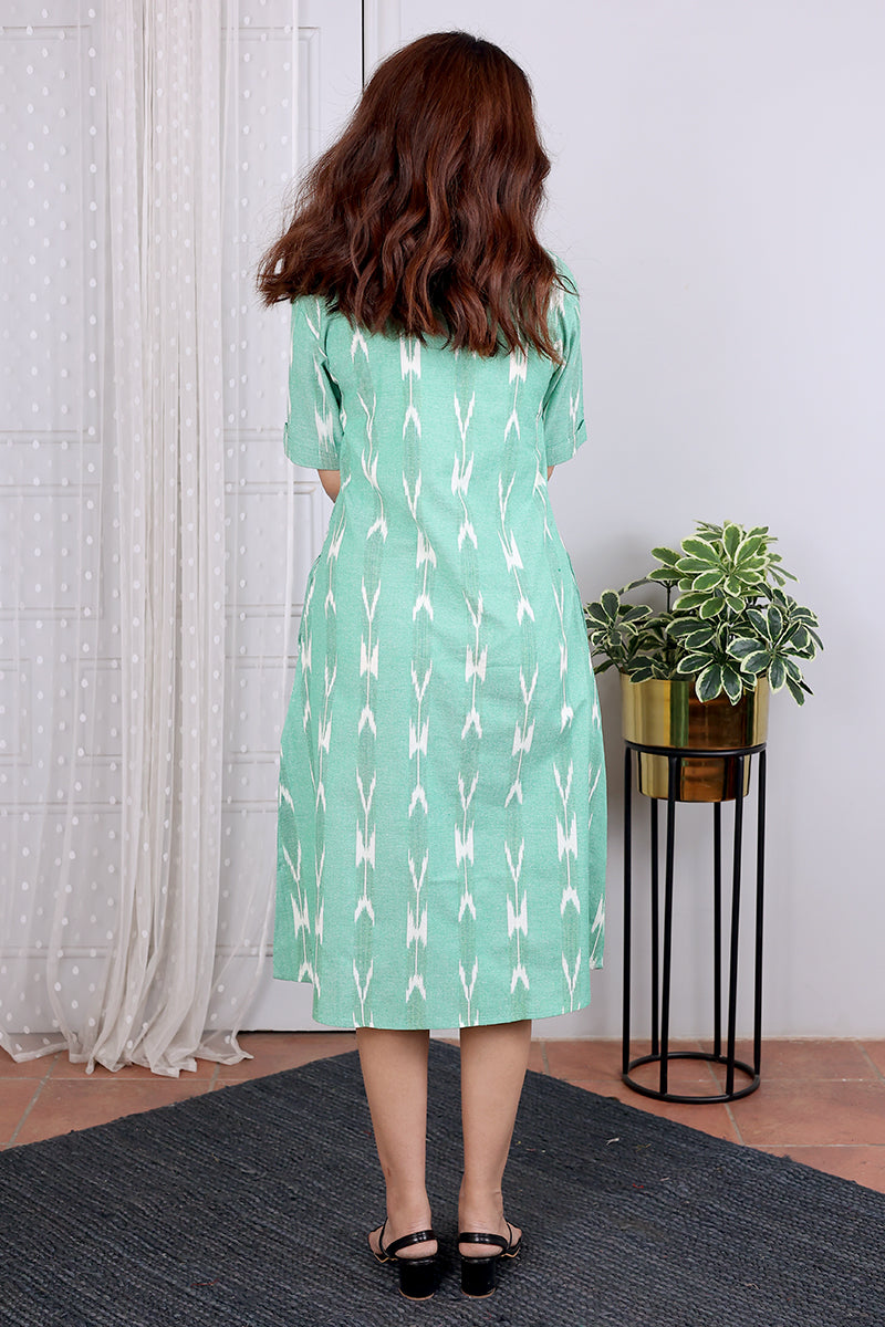 Green Single Ikkat 40 Cotton Women Midi Dress Short Sleeves WDRSS05245
