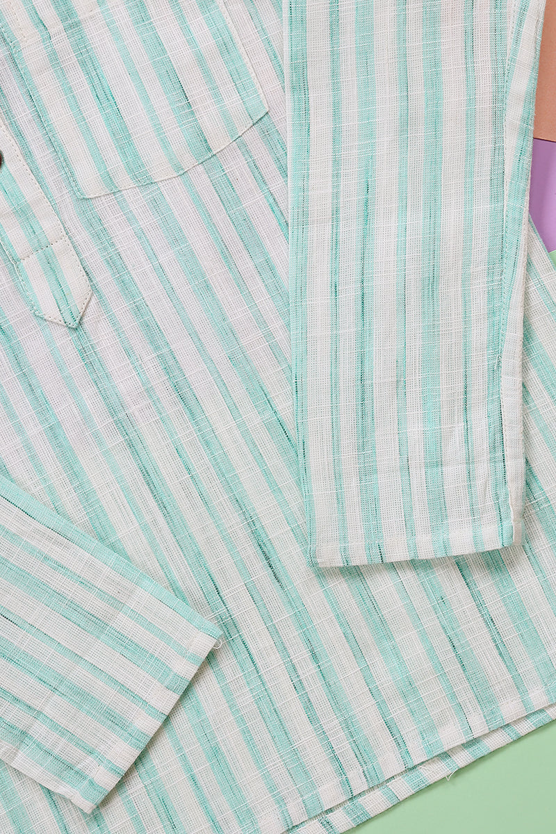 Green Stripes South Cotton Boy Short Kurta Full Sleeves BSKFS09237