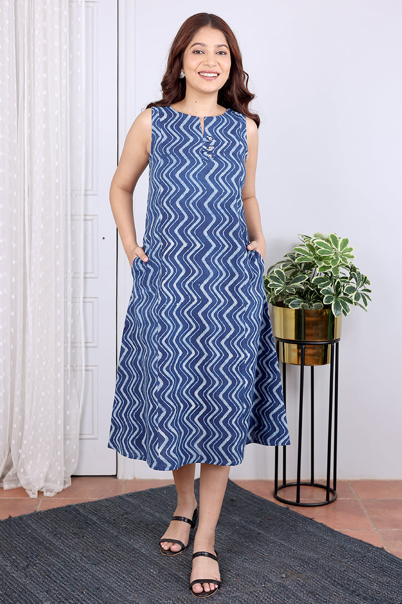 Indigo Dhabu Cotton Linen Women Midi Dress Sleeveless WDRSL122315
