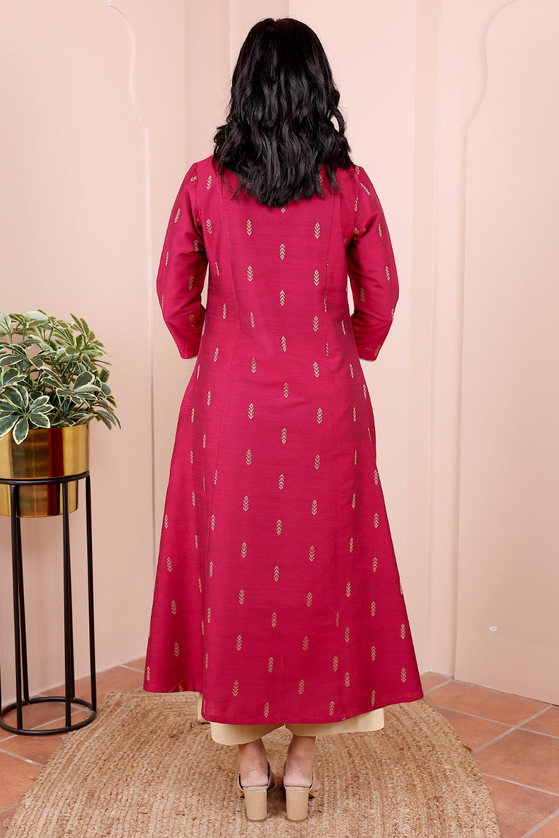 Maroon Jaquard Art Silk Women Ankle Kurta Long Sleeves WAKLS112318