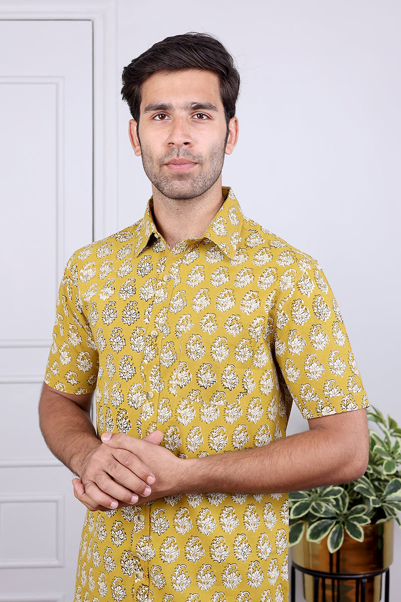 Mustard Bagru Cotton Shirt Half Sleeves MSHHS032429