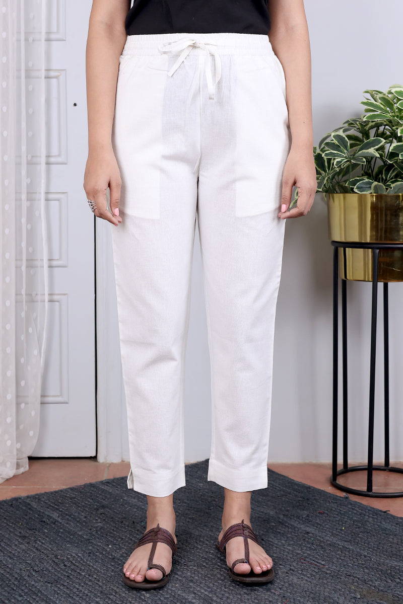 Off White Hand Dyed Cotton Flax Women Ankle Pant WAKPT12238