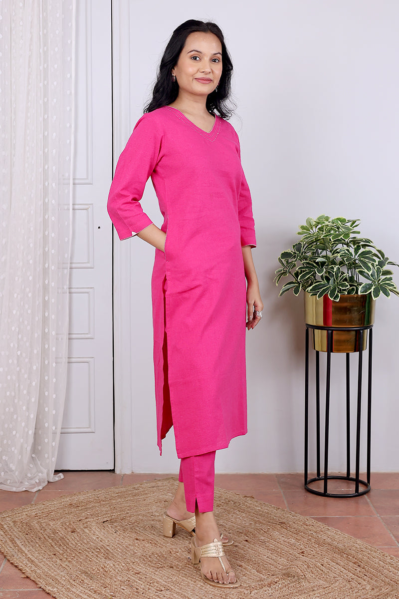 Pink Hand Dyed Cotton Linen Women Long Kurta Long Sleeves WLKLS09233