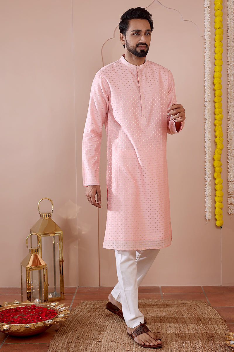 Pink Jaquard Banarasi Silk Men Long Kurta Full Sleeves MLKFS102323
