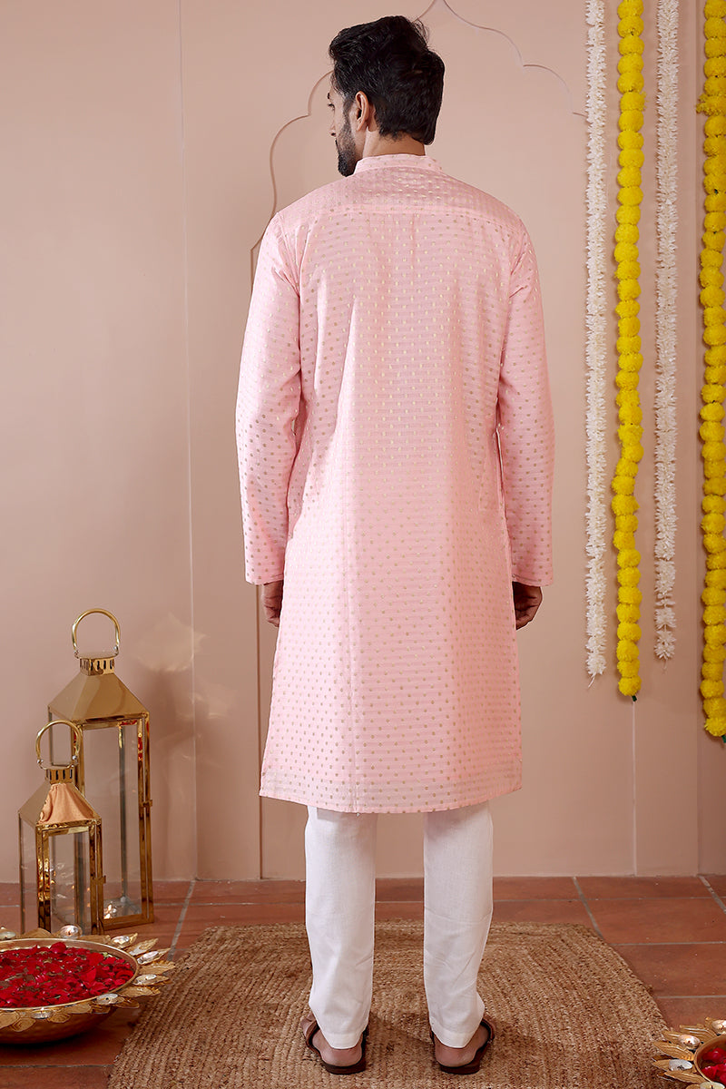 Pink Jaquard Banarasi Silk Men Long Kurta Full Sleeves MLKFS102323