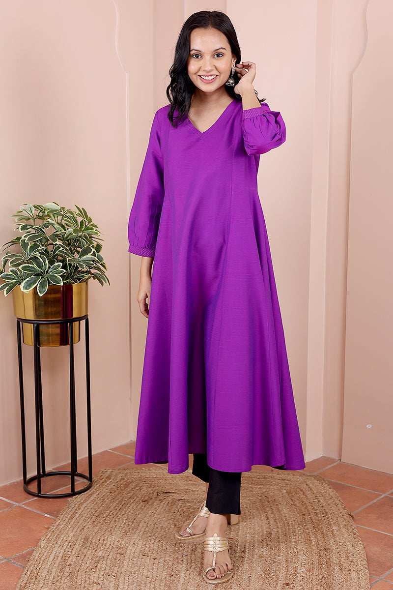 Purple Hand Dyed Art Silk Slub Women Ankle Kurta Long Sleeves WAKLS12232