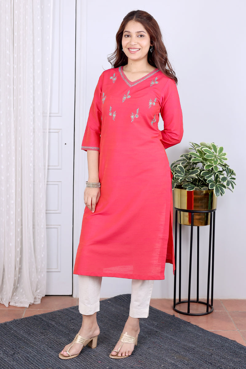 Rani Hand Embroidery Art Silk Women Long Kurta Long Sleeves WLKLS12233