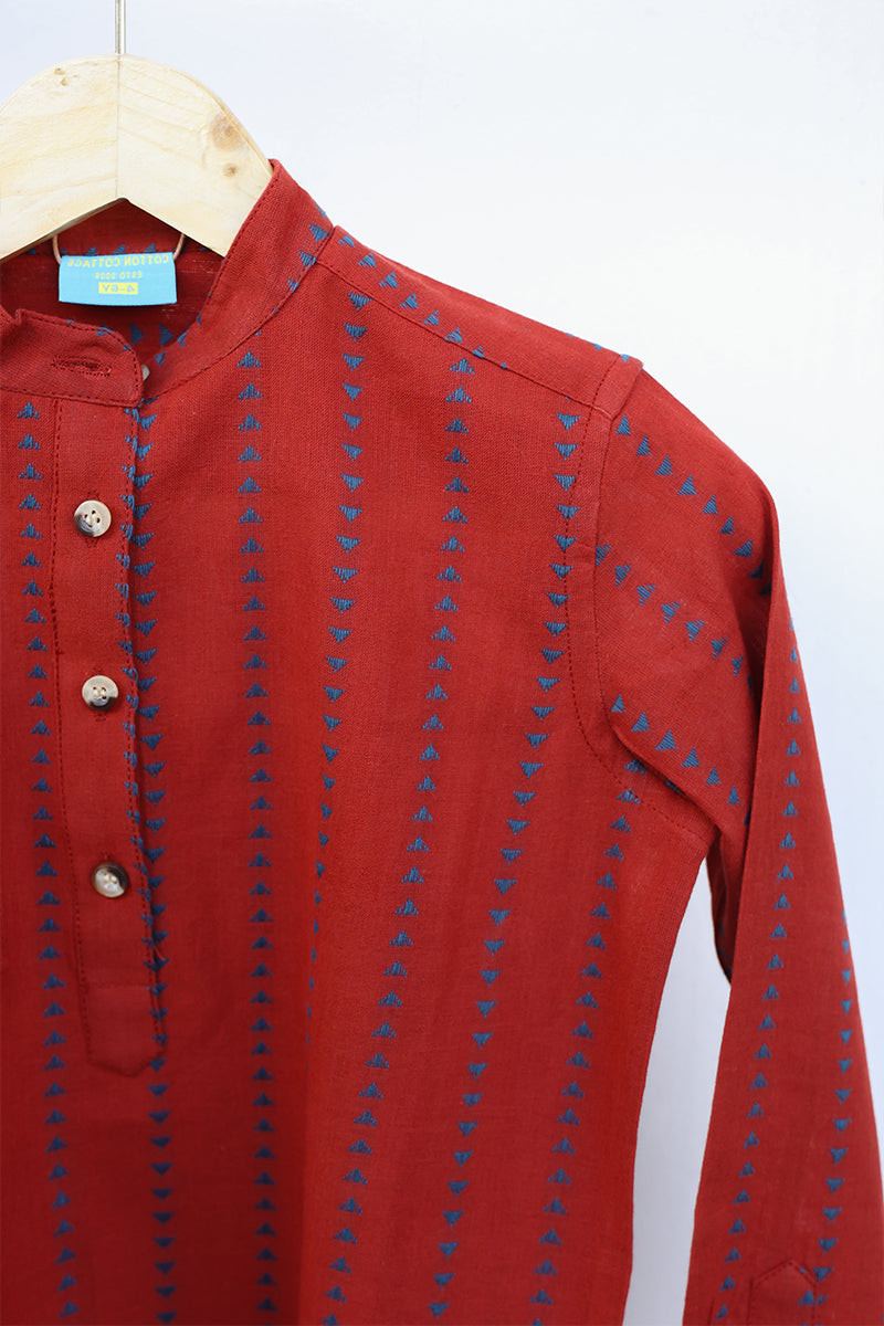 Red Dobby South Cotton Short Kurta Full Sleeves BSKFS10239