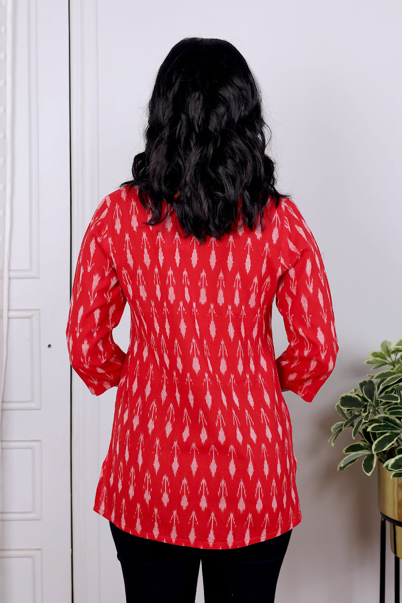 Red Single Ikkat Mercerised Cotton Women Kurti Long Sleeves WKILS092327