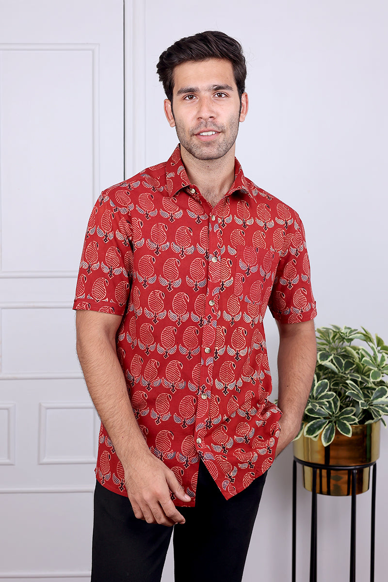 Rust Ajrakh Cotton Shirt Half Sleeves MSHHS032428