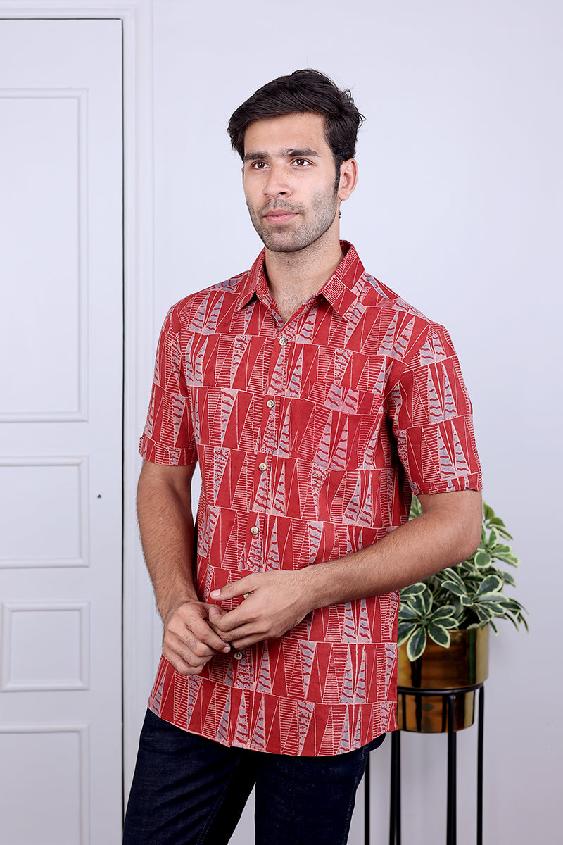 Rust Ajrakh Cotton Shirt Half Sleeves MSHHS04248
