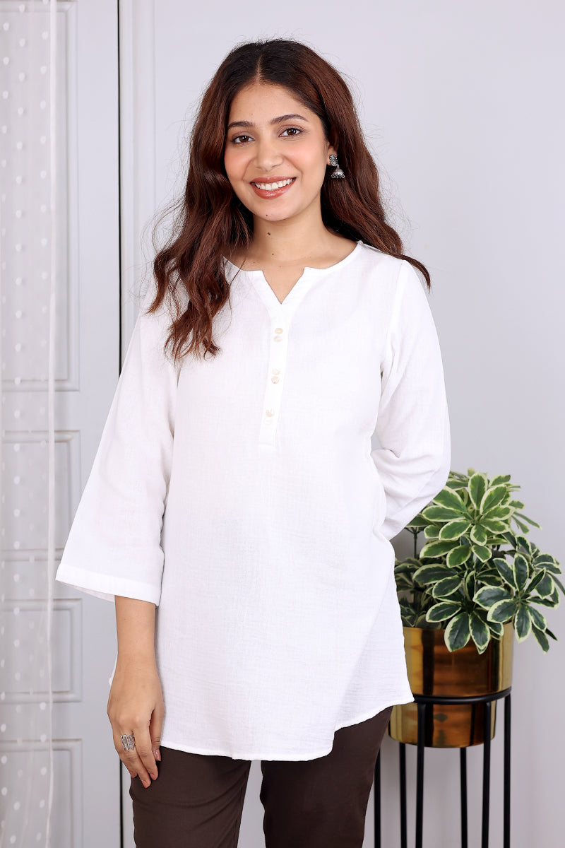 White Hand Dyed Cotton Double Cloth Women Kurti Long Sleeves WKILS042447