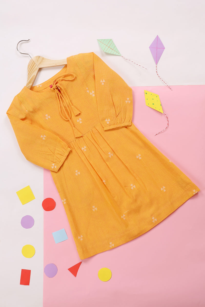 Yellow Dobby South Cotton Girl Dress Long Sleeves GDRLS11231