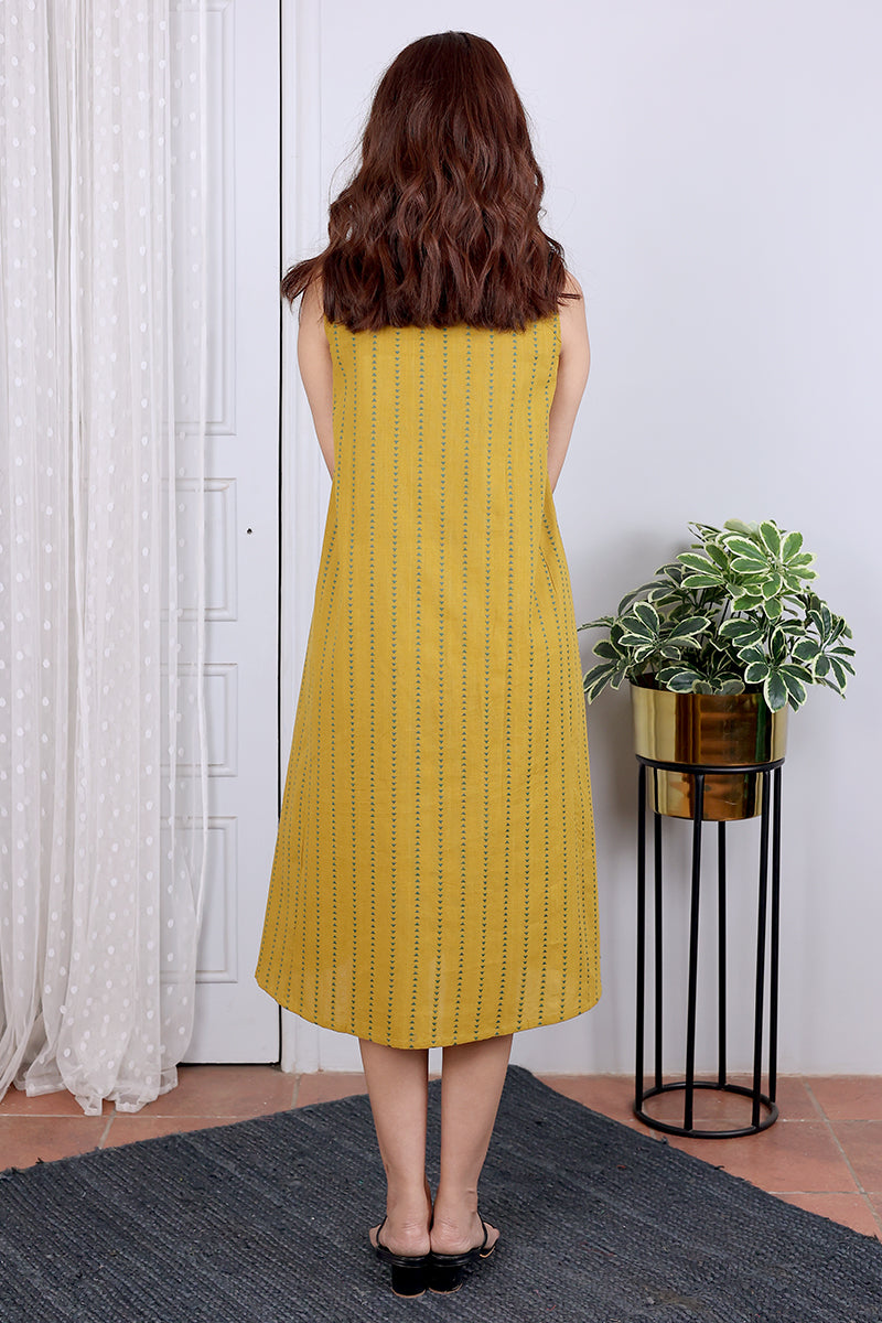 Yellow Dobby South Cotton Women Midi Dress Sleeveless WDRSL122314