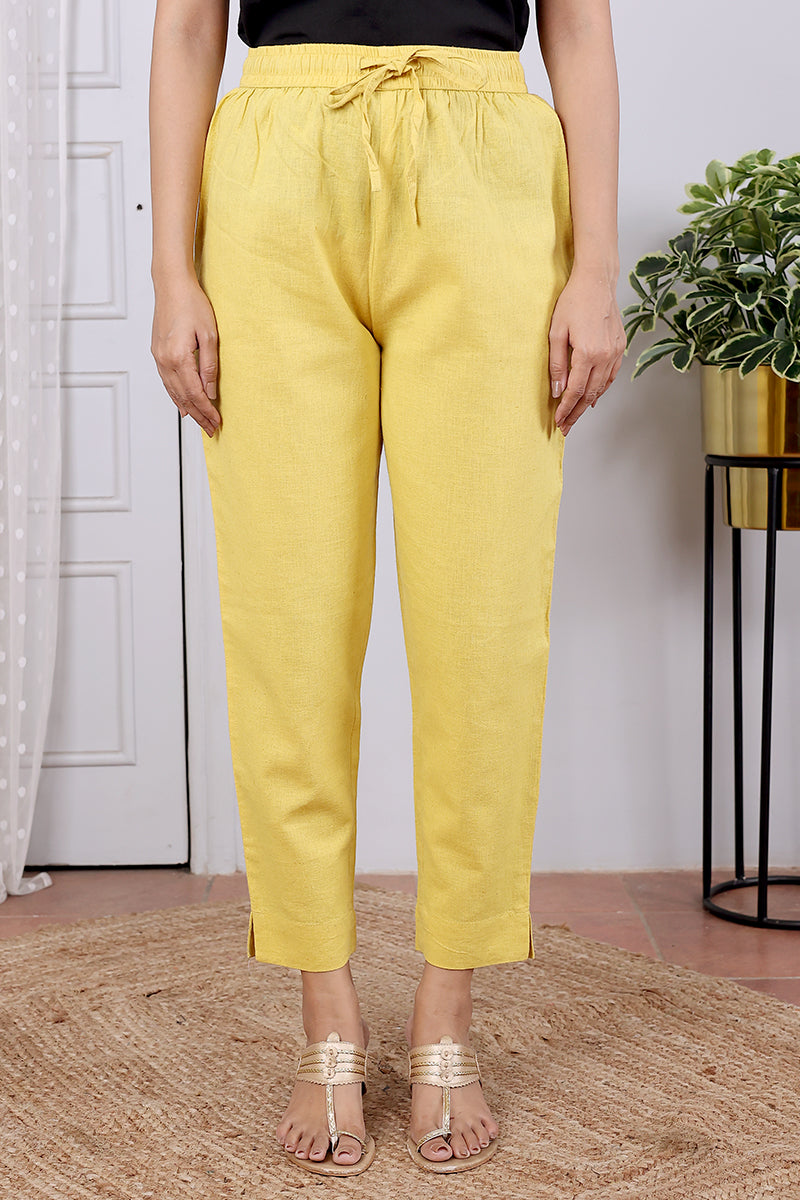 Yellow Hand Dyed Cotton Linen Women Ankle Pant WAKPT092313