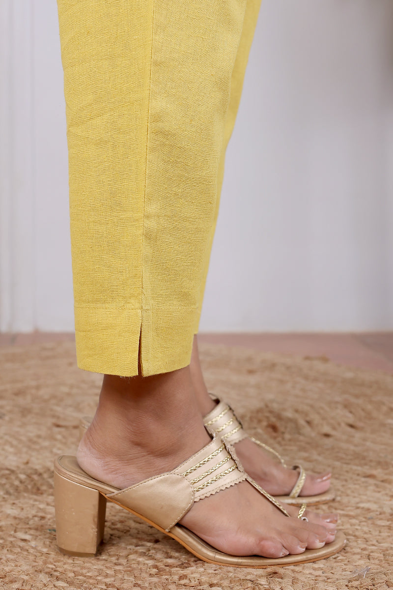 Yellow Hand Dyed Cotton Linen Women Ankle Pant WAKPT092313