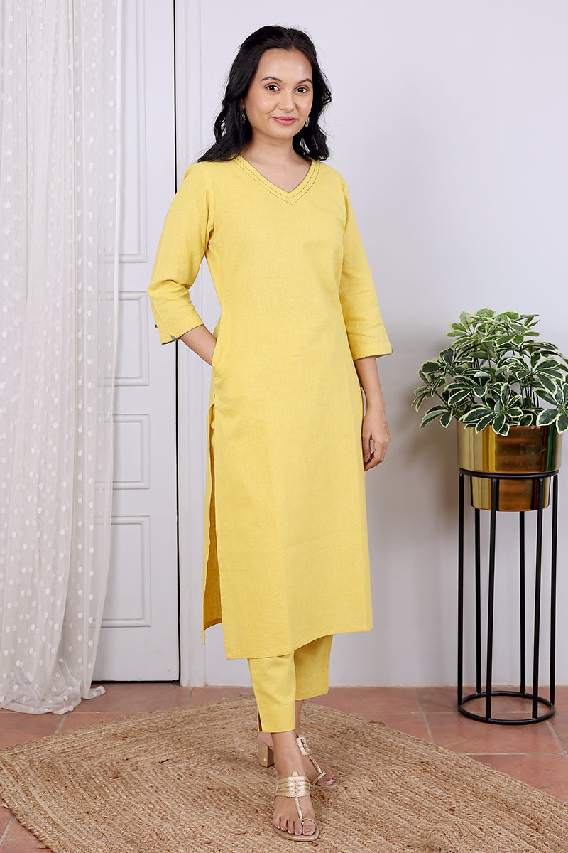 Yellow Hand Dyed Cotton Linen Women Long Kurta Long Sleeves WLKLS09234