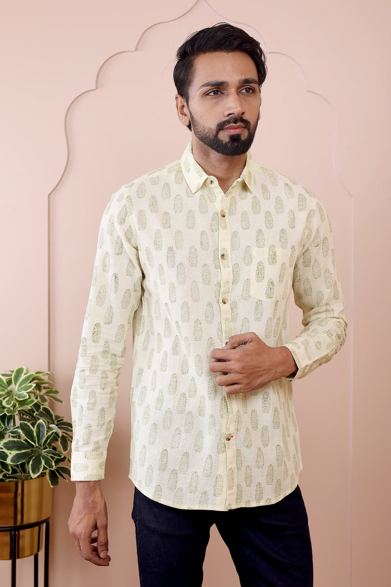 Yellow Sanganeri Cotton Linen Men Shirt Full Sleeves MSHFS082321