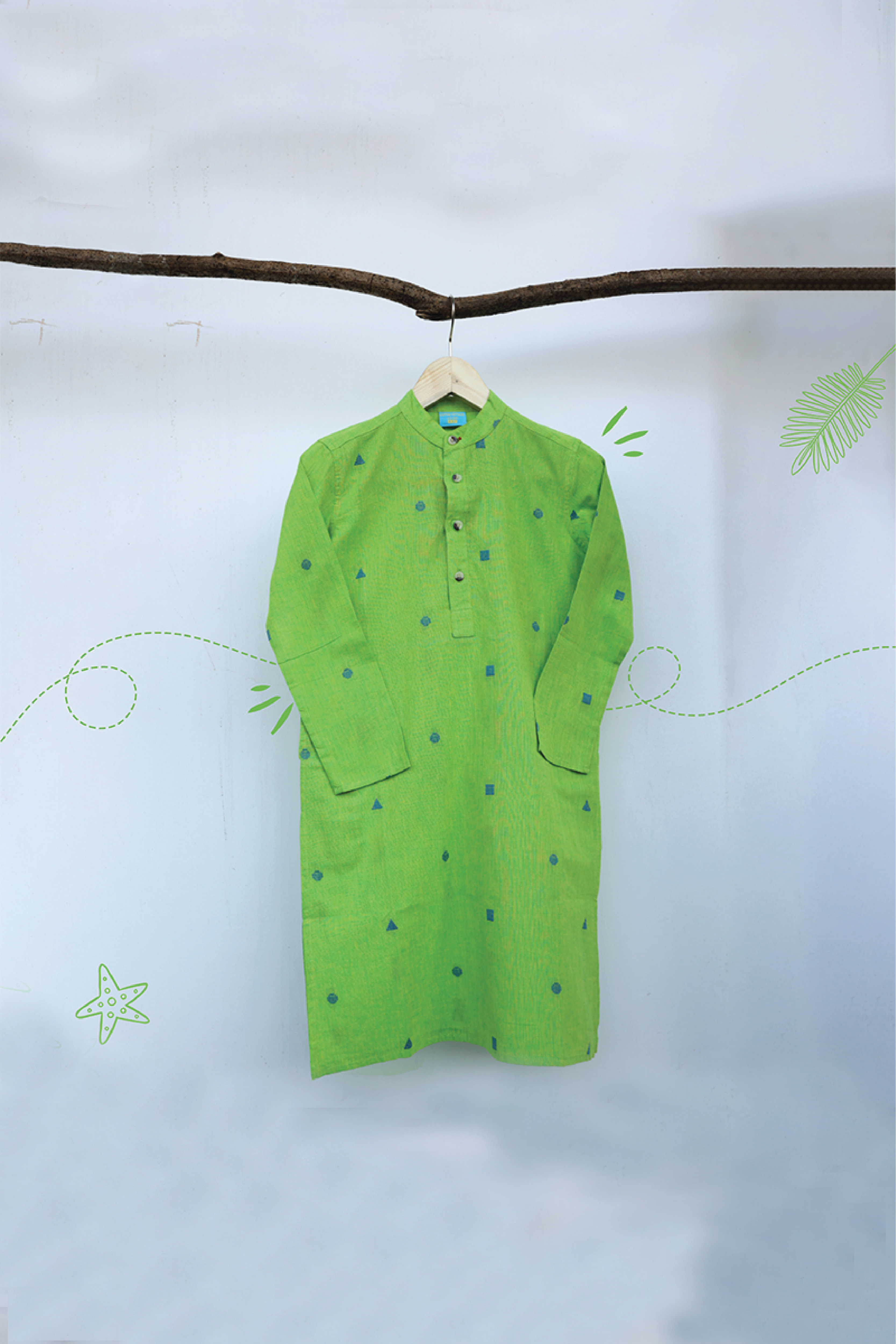 Green Dobby South Cotton Boy Long Kurta Full Sleeves BLKFS09235