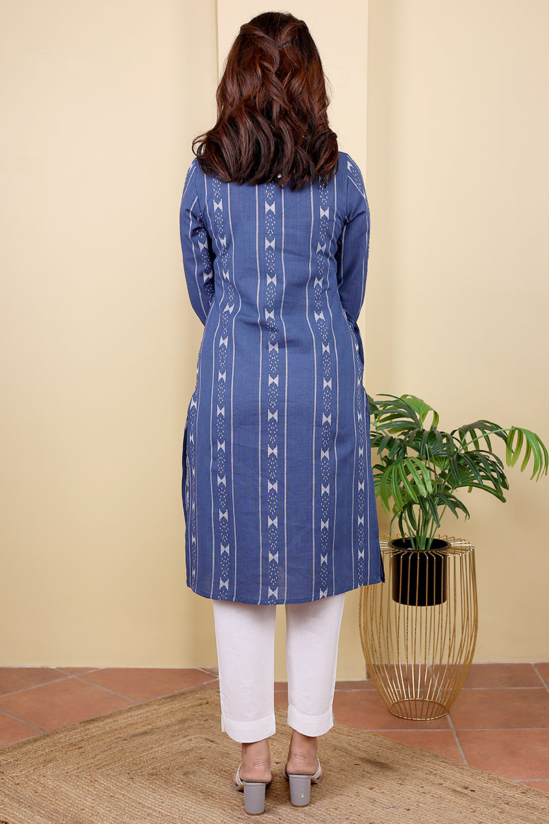 Blue Dobby South Cotton Women Medium Kurta Long Sleeves (WMKLS06236) - Cotton Cottage (4)