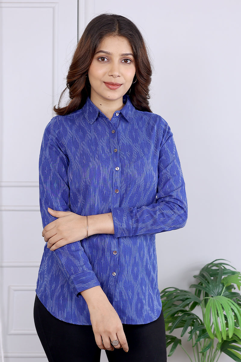Blue Single Ikkat 40 Cotton Women Shirt Long Sleeves WSHLS04236 (2)