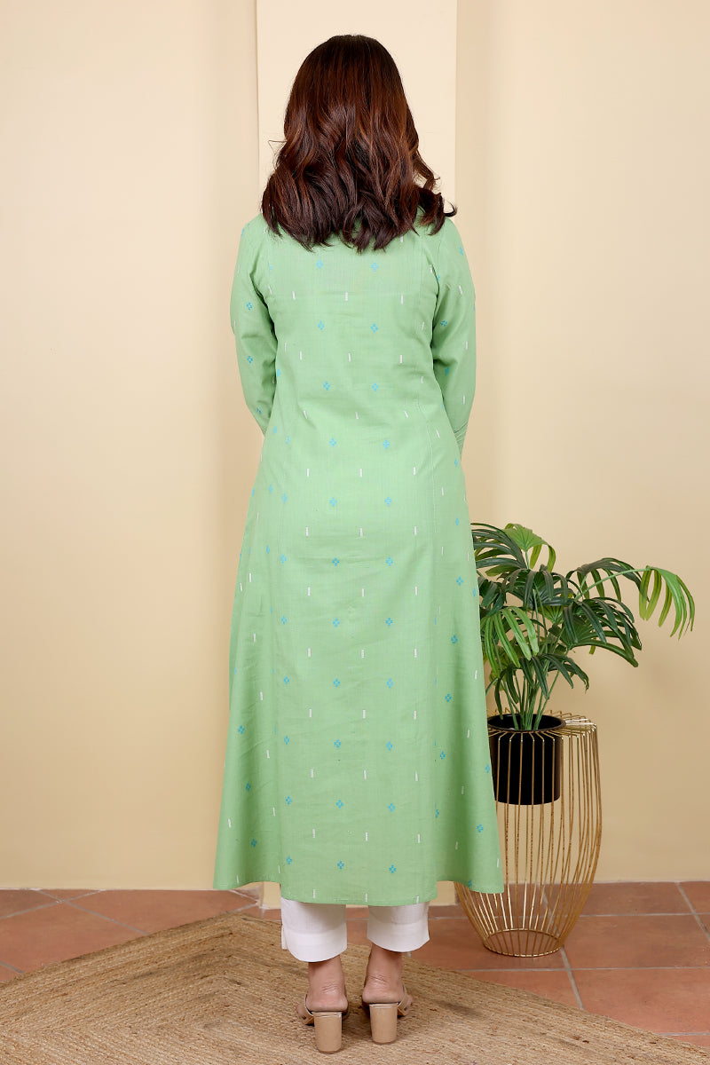 Green Dobby South Cotton Women Ankle Kurta Long Sleeves (WAKLS062310) - Cotton Cottage (4)