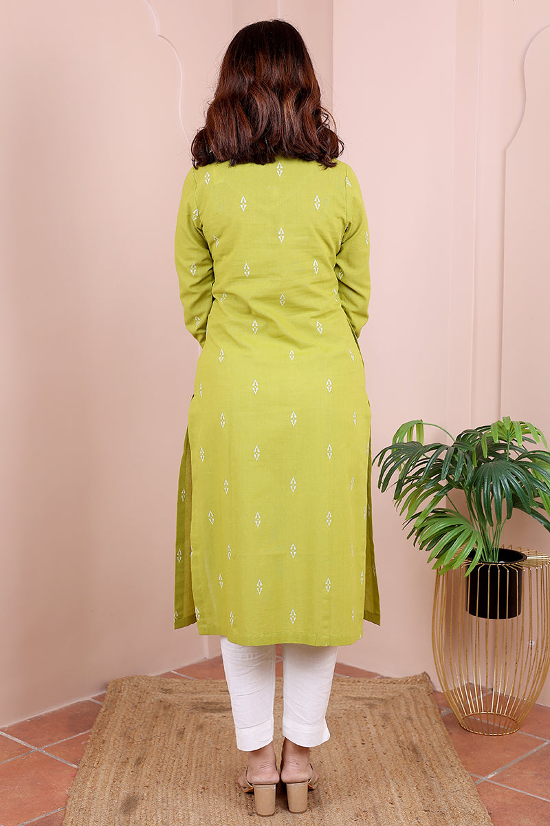 Green Dobby South Cotton Women Long Kurta Long Sleeves (WLKLS082317) - Cotton Cottage (4)