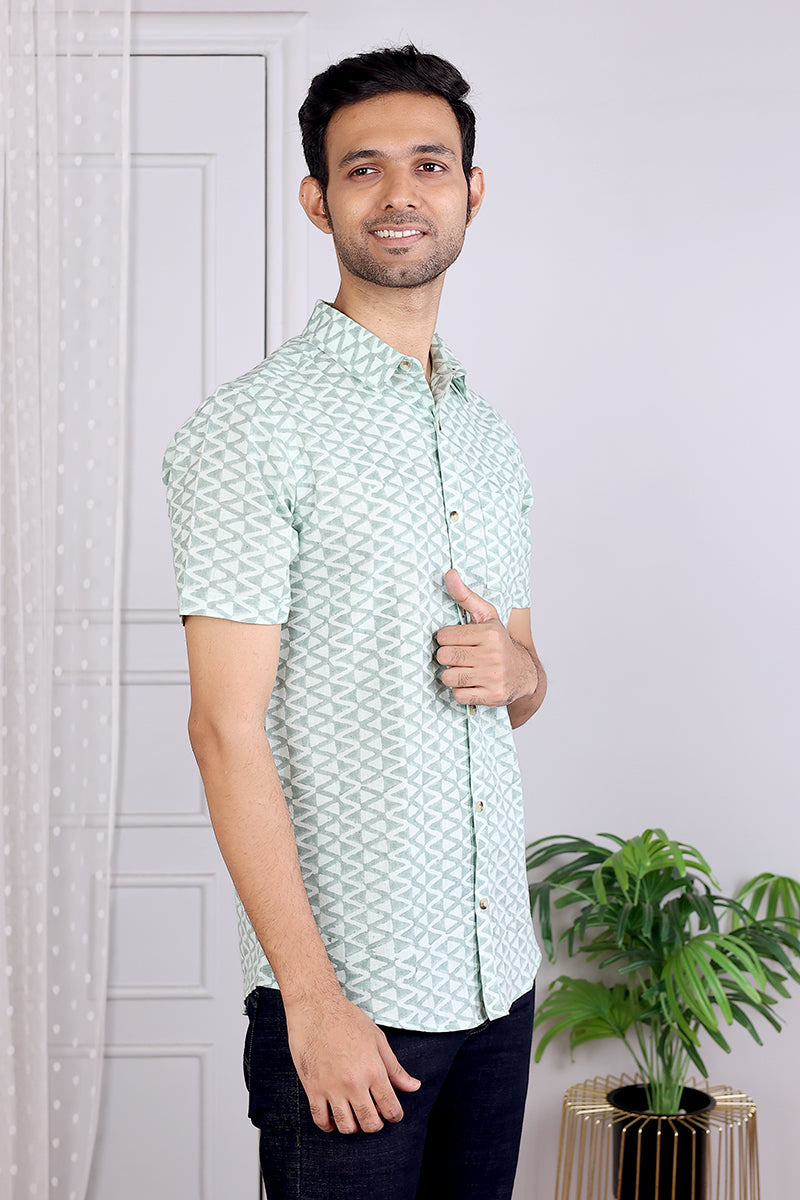 Green Sanganeri Cotton Linen Men Shirt Half Sleeves (MSHHS06232) - Cotton Cottage (2)