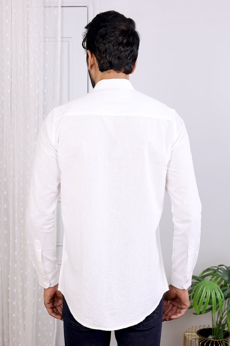 White Hand Dyed Cotton Linen Men Shirt Full Sleeves (MSHFS08232) - Cotton Cottage (4)