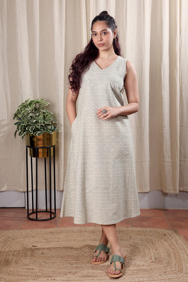Grey Sanganeri Cotton Flax Women Midi Dress Sleeveless WDRSL252C4