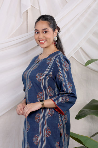 Indigo Ajrakh Cotton Slub Women Long Kurta