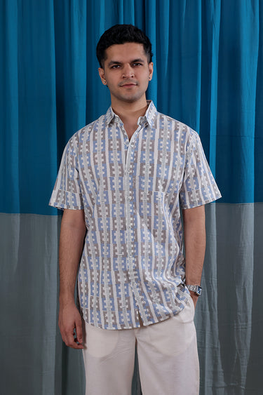 Grey Blue Sanganeri Natural Cotton Linen Men Shirt Half Sleeves MSHHS12252