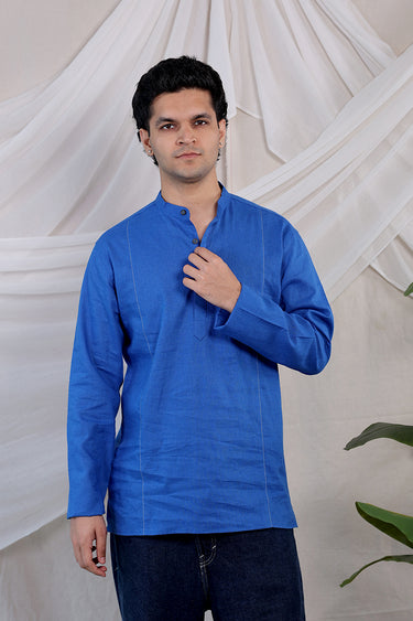 Royal Blue Dyed Classic Cotton Linen Men Short Kurta