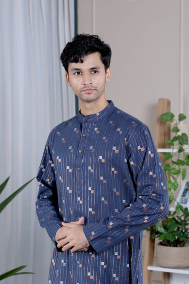 Midnight Blue Stripes Dobby South Cotton Flax Men Long Kurta